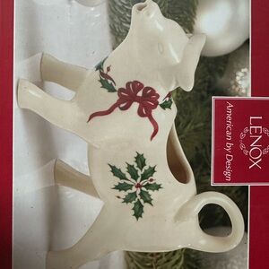 Lenox Cream Holiday Pig Creamer with Red and Green Holly Design